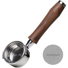 Coosigar 58mm Bottomless Portafilter with Walnut Handle - High-quality stainless steel portafilter designed for Gaggia machines, featuring a walnut wood handle and included puck screen for improved espresso extraction.