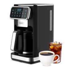 Gevi 12 Cup Programmable Drip Coffee Maker with Touch Screen and Iced Coffee Option, showing its sleek black design and large LED display