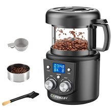 CAFEMASY Coffee Bean Roaster with adjustable timer, air fan settings, and transparent glass jar for home use