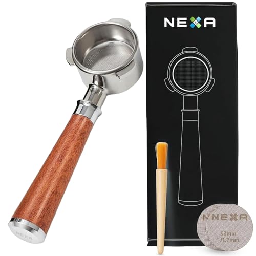 NEXA 54mm Bottomless Portafilter with Rosewood Handle for Breville Barista Series and Solis Barista Machines