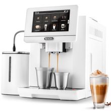 Zulay Kitchen Magia Super Automatic Espresso Machine featuring a built-in grinder, milk frother, and touch screen control for making espresso, cappuccino, and latte with 19 customizable recipes and 10 user profiles.