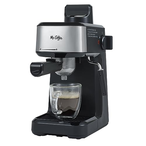 A compact espresso maker featuring an extra-large portafilter, an integrated frothing wand, and a stainless steel frothing pitcher, perfect for brewing rich espresso and frothing milk for lattes and cappuccinos at home.