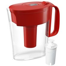 Brita Metro Water Filter Pitcher in white, BPA-free with a 6-cup capacity, featuring a Standard filter for removing impurities and an electronic filter indicator.