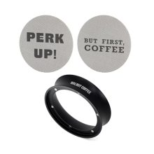 Magnetic dosing funnel and 53.3mm puck screens designed for 54mm portafilters