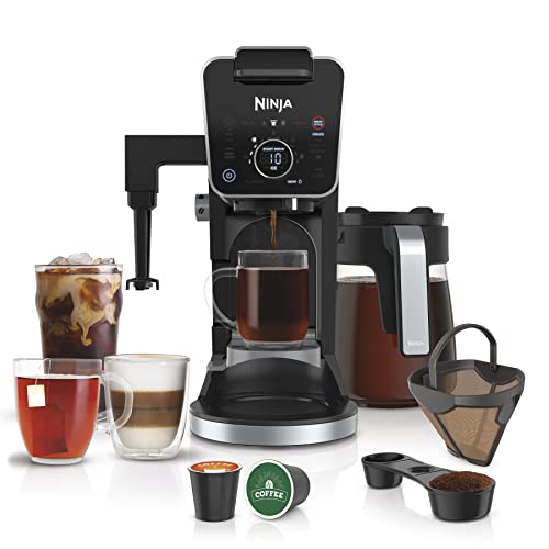 Image of the Ninja CFP307 DualBrew Pro Specialty Coffee System showing the machine with a cup of coffee, demonstrating its versatility and sleek design. 