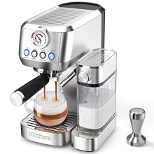 MAttinata 20 Bar Stainless Steel Cappuccino and Espresso Machine with Automatic Milk Frothing System, featuring a sleek matte finish and user-friendly control panel.