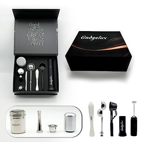 Gadgelux Barista Gift Set featuring reusable espresso pods, milk frother, coffee stencils, tea infuser, tamper, and more for perfect home coffee and tea brewing.