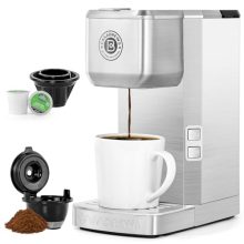 CASABREWS K Cup Coffee Maker, Stainless Steel, brewing coffee with K cup pods and ground coffee options, compact design, perfect for small kitchens.