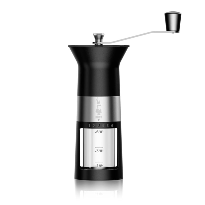 Stylish Bialetti Manual Coffee Grinder with Matte Black Finish, Stainless Steel Blades, and Adjustable Grind Settings