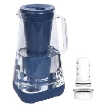 GLACIER FRESH 10-cup glass water pitcher with advanced membrane and activated carbon filtration. Features an ergonomic handle, anti-dust spout lid, and a modern blue design