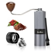 MB1 Manual Coffee Grinder with stainless steel conical burrs, high-quality aluminum alloy body, and adjustable grind settings, shown in gray. 