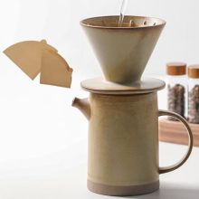 DIF DECO Vintage Ceramic Pour Over Coffee Maker Set - Retro Yellow Dripper with 20 Paper Filters, 15.8 Ounce Capacity