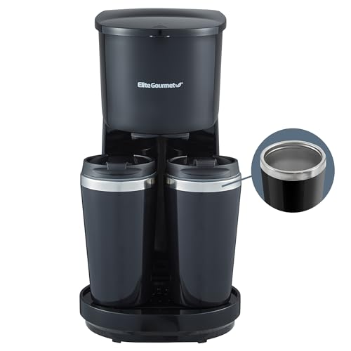 Elite Gourmet Dual Drip Coffee Maker with two 14 oz stainless steel interior thermal travel mugs