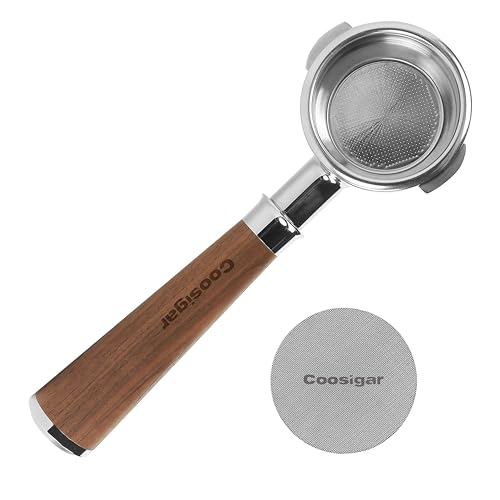 Coosigar 58mm bottomless portafilter with a polished stainless steel head and natural wood handle, compatible with E61 group head espresso machines