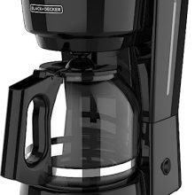 Image of the BLACK+DECKER 12-Cup Coffee Maker showcasing its sleek black design, no-drip carafe, and easy on/off switch.