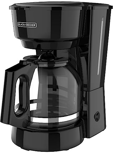 Image of the BLACK+DECKER 12-Cup Coffee Maker showcasing its sleek black design, no-drip carafe, and easy on/off switch.