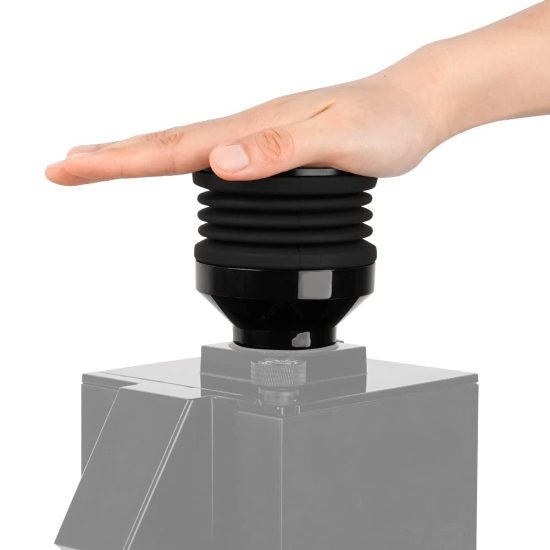 Black Single Dose Hopper Add-On for Eureka Mignon Grinder with silicone bellow and metal lid, designed to minimize coffee residue and ensure precise dosing