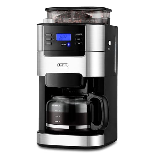 Gevi 10-Cup Drip Coffee Maker with Built-in Grinder - Black and Silver with Programmable Brew Timer, Reusable Filter, and 1.5L Water Tank