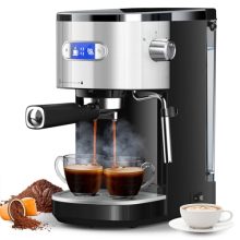 Compact 20 Bar espresso machine with milk frother and 45-ounce removable water tank, featuring an LED display and steam wand for home use.