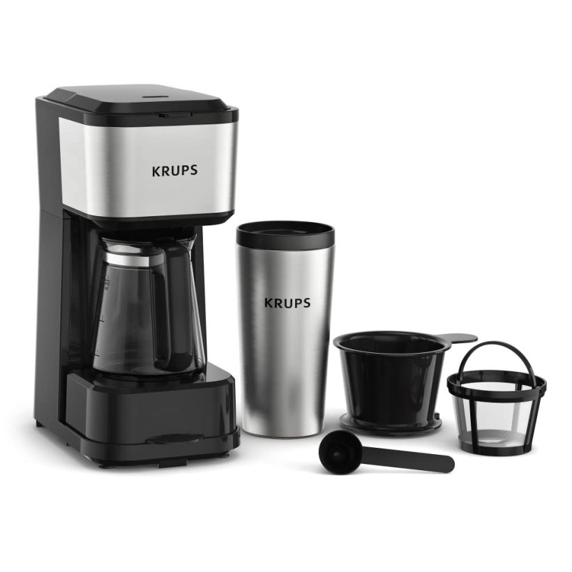 KRUPS 2-Cup Coffee Maker with 15 oz stainless steel travel tumbler, 14 oz glass carafe, and permanent filter basket, perfect for brewing fresh coffee at home or on-the-go