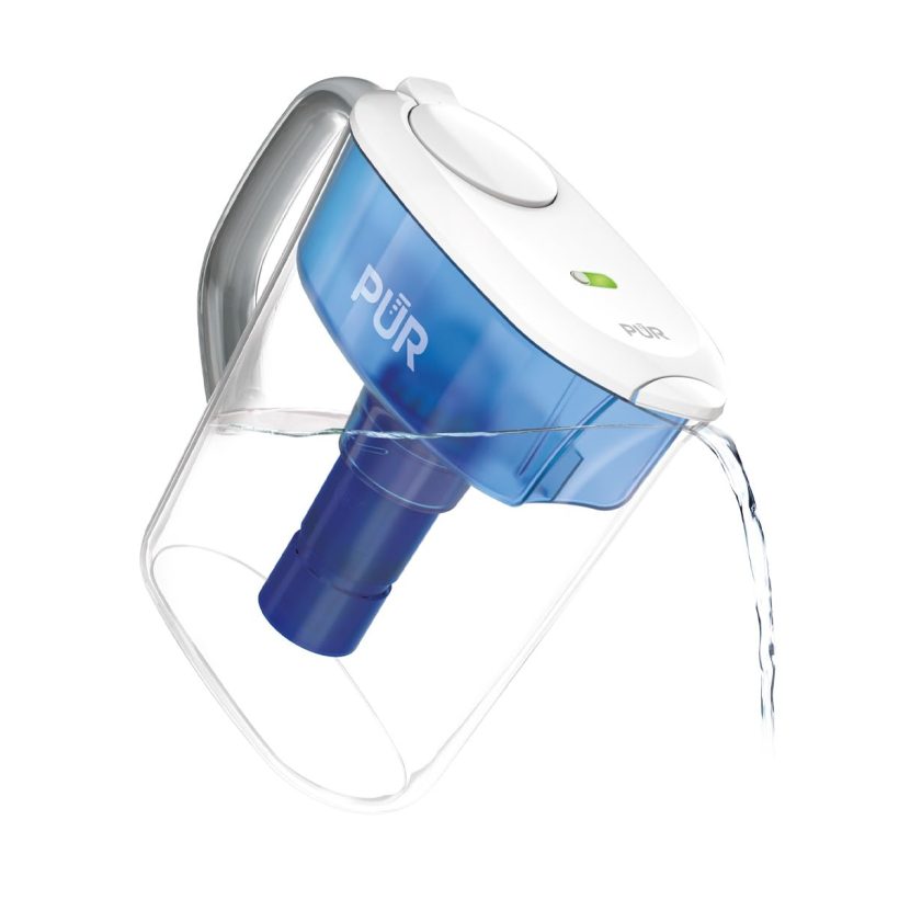 PUR PLUS 11-Cup Water Filter Pitcher in white with a sleek design, featuring a built-in Filter Change Indicator Light