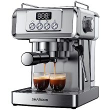 SHARDOR Espresso Machine with Milk Frother and Temperature Display, featuring a sleek stainless steel design and a 20 bar pump for rich, aromatic coffee