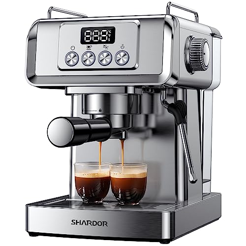 SHARDOR Espresso Machine with Milk Frother and Temperature Display, featuring a sleek stainless steel design and a 20 bar pump for rich, aromatic coffee