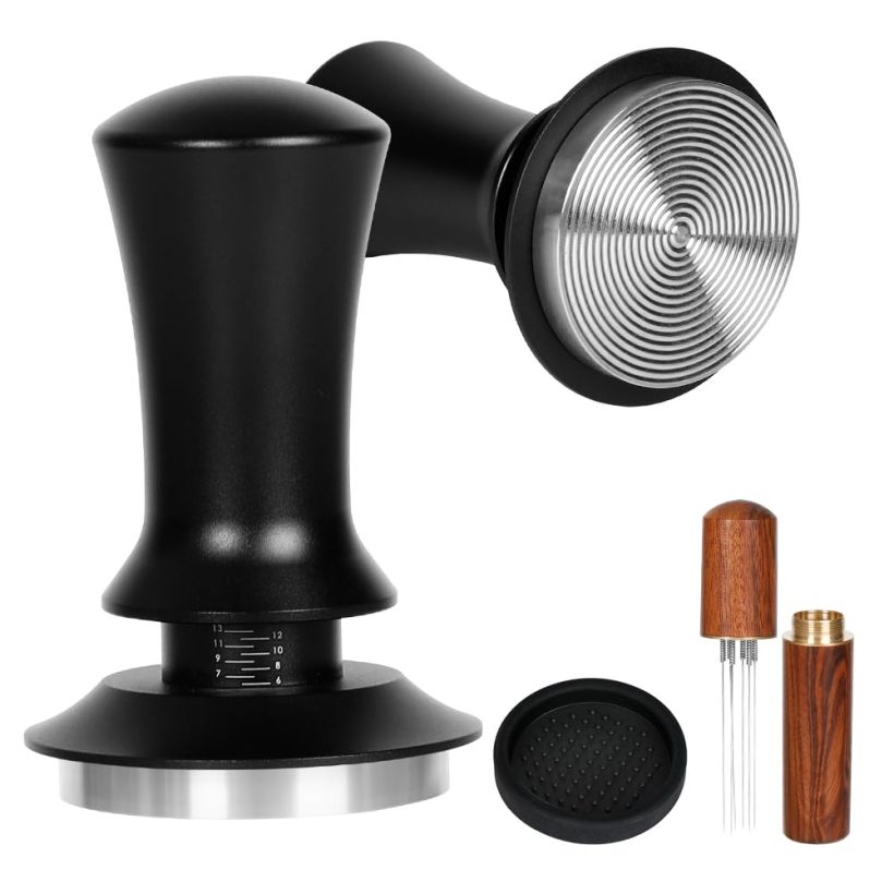 51mm espresso tamper with spring-loaded mechanism, stainless steel base, ergonomic handle, and silicone mat. Includes WDT distributor for even coffee ground distribution