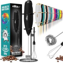 ElitaPro 2-in-1 Handheld Milk Frother and Egg Beater in Executive Black with Stand – Perfect for Coffee, Lattes, and More