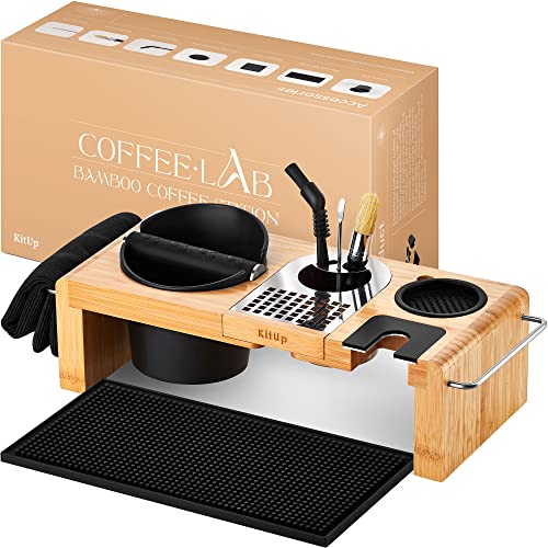 KitUp Espresso Knock Box and Tamping Station - Durable bamboo and stainless steel coffee-making accessories for a tidy and organized home coffee bar.