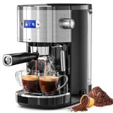 Compact 20-bar espresso machine in black with milk frother, capsule compatibility, and removable water tank, designed for home use.