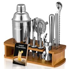 KITESSENSU 15-Piece Cocktail Shaker Set with Stand – Includes Martini Shaker, Jigger, Strainer, Mixer Spoon, Muddler, Liquor Pourers, and Recipe Guide in Stylish Silver Finish