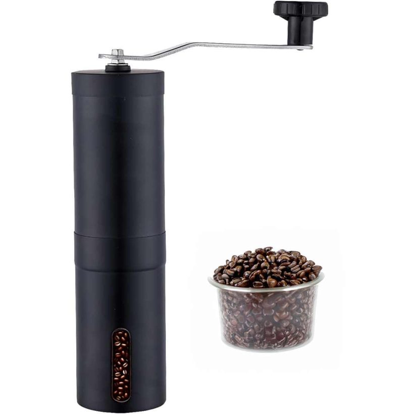 Compact Manual Coffee Bean Grinder with stainless steel construction and adjustable grind settings, featuring a 40g removable grinding chamber and easy-to-use crank handle.