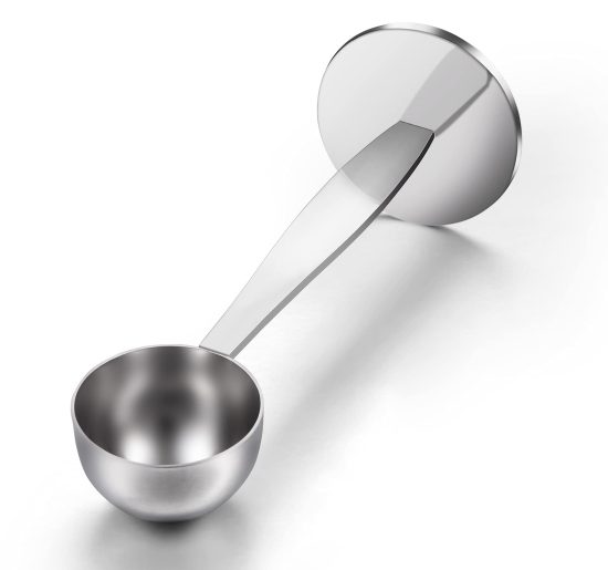 Stainless steel dual-purpose coffee scoop and tamper tool for measuring and tamping coffee grounds. 