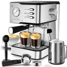 Geek Chef 20 Bar Espresso Machine in Silver with Built-in Milk Frother and ESE Pod Filter