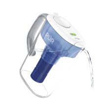 PUR PLUS 7-Cup Water Filter Pitcher in White with filter change indicator light and space-saving design, highlighting its ability to reduce lead and chlorine for cleaner, better-tasting water.