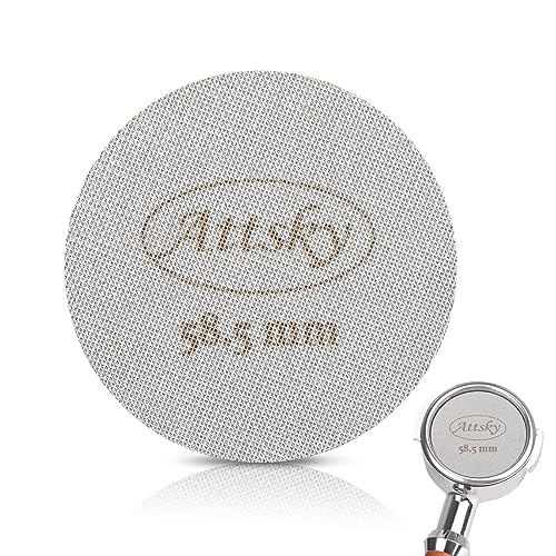 Attsky 58.5mm Espresso Puck Screen made of 316 stainless steel, with 1.7mm thickness and 150μm screen rating, designed for improving espresso extraction and easy cleaning. 