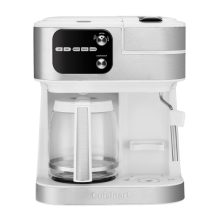 CUISINART 4-in-1 Coffee Maker Barista System in White, featuring a 12-cup carafe, single-serve brewer, and steam wand
