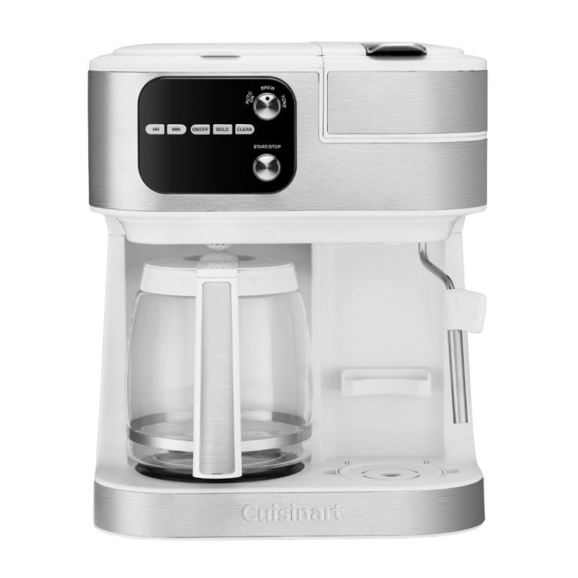 CUISINART 4-in-1 Coffee Maker Barista System in White, featuring a 12-cup carafe, single-serve brewer, and steam wand