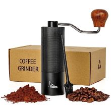 Manual Coffee Grinder with Aluminum Alloy Body and Solid Wood Handle, Featuring Adjustable Coarseness Settings and Compact Design