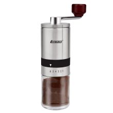 Manual Coffee Grinder with Stainless Steel and Glass Components, Showing Adjustable Coarseness Settings and Sleek Design