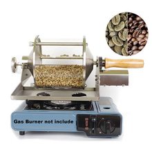 Gas-powered coffee roaster featuring a quartz glass drum and stainless steel construction, perfect for home use and roasting up to 400 grams of coffee beans. Includes funnel, power adapter, and manual for easy operation.