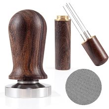 51mm Espresso Coffee Tamper & Stirrer Set with Wooden Handle and Stainless Steel Base, including WDT Tool and Puck Screen, perfect for home baristas and espresso enthusiasts.