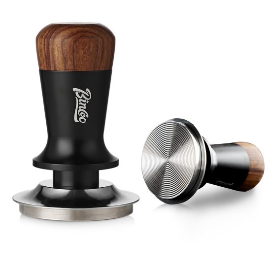 58mm espresso tamper with adjustable depth, featuring a walnut wood handle and a flat stainless steel base, designed for consistent coffee pressure and professional-grade brewing.