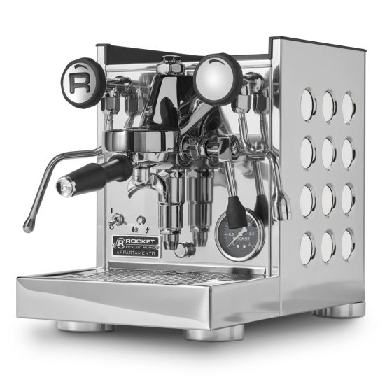 Rocket Espresso Appartamento TCA Espresso Machine in Stainless Steel with White Side Panels