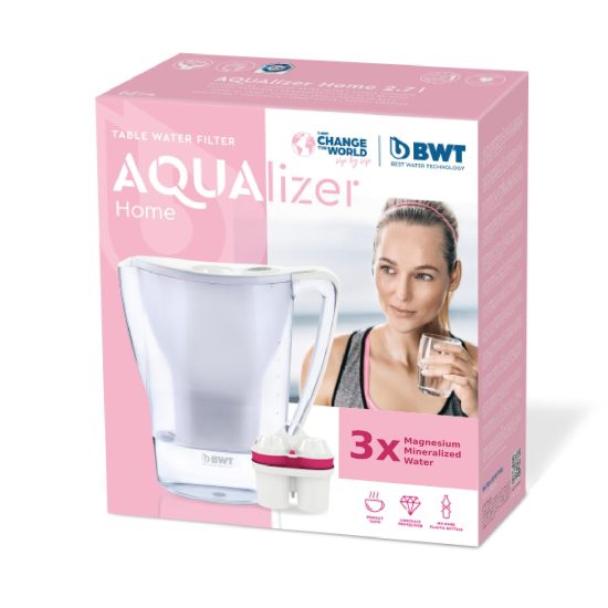 A sleek white BWT Penguin 2.7L water filtration jug with three included filters, designed to improve water quality by removing impurities and enriching with magnesium, ideal for home or office use.