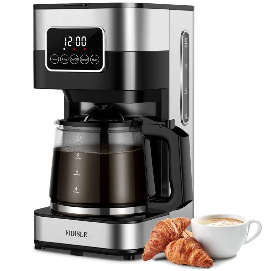 KIDISLE Programmable Drip Coffee Maker with a 10-cup glass carafe, stainless steel design, brew strength control, and a warming plate, ideal for home and office use