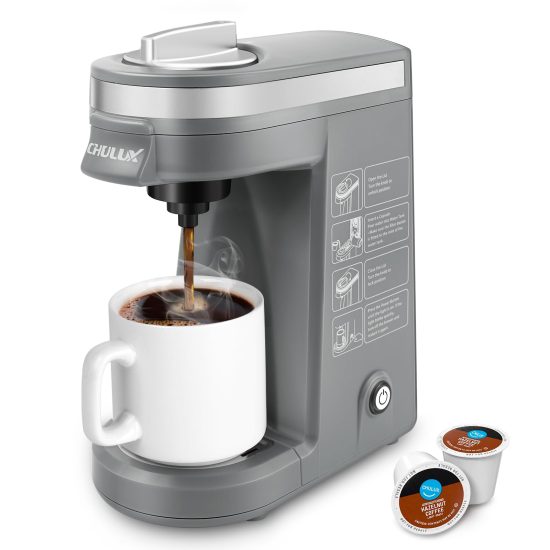 Gray CHULUX Single Serve Coffee Maker with a compact design, shown brewing a single cup of coffee, perfect for small spaces and travel.