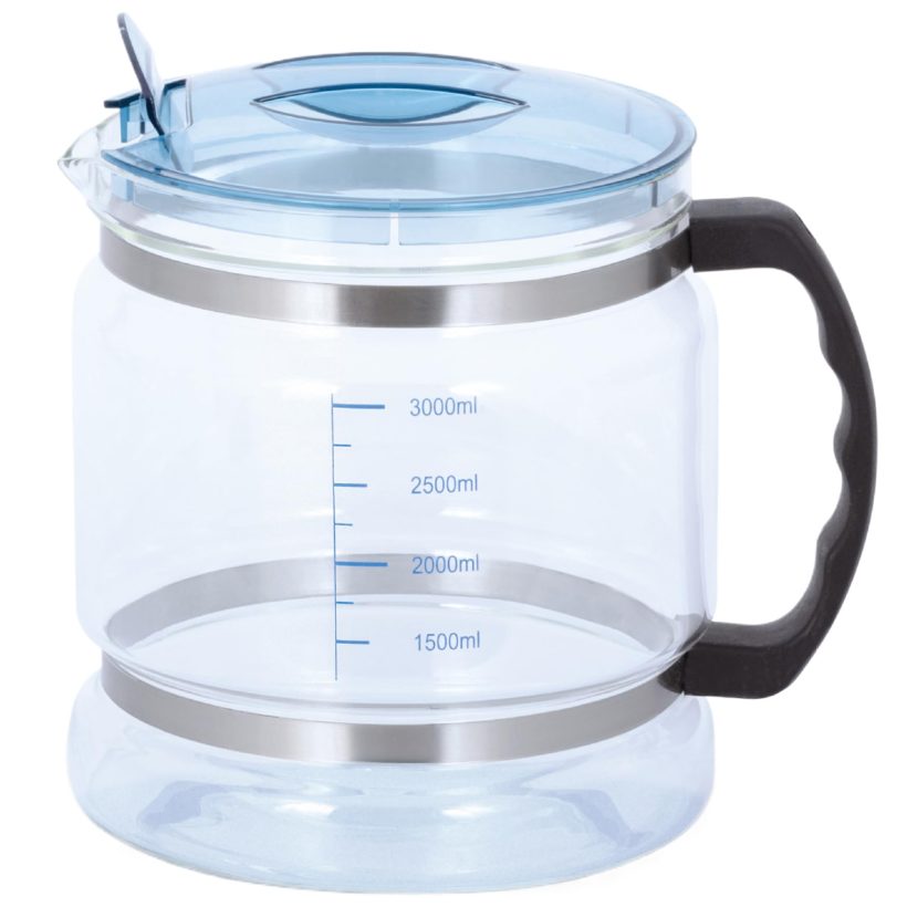 1-gallon clear glass carafe with handle and scale, designed as a replacement for water distillers, featuring a durable and easy-to-clean construction.