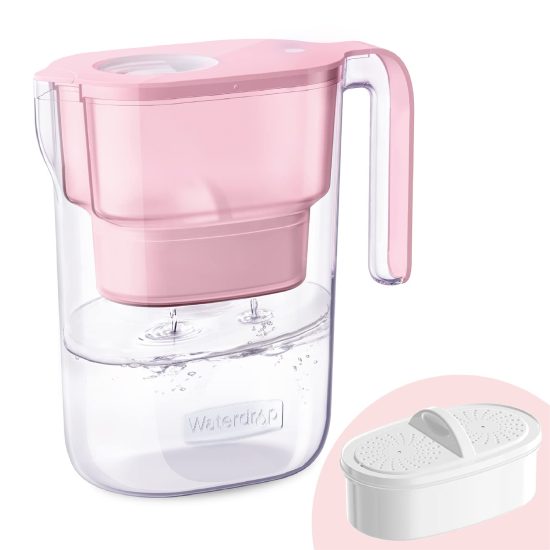 Waterdrop 7-Cup Water Filter Pitcher in Pink, featuring a long-lasting filter, ergonomic handle, and induction indicator for efficient filtration of chlorine, PFOA/PFOS, and more